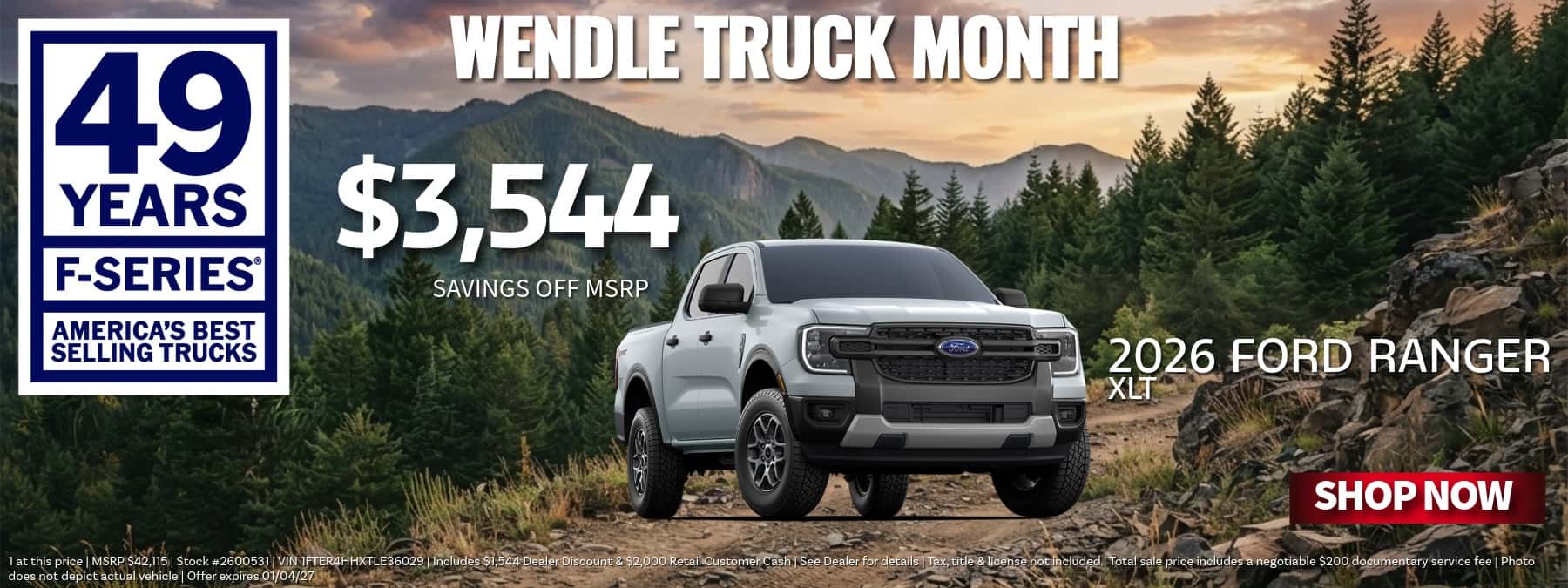 Wendle Truck Month promotional banner featuring a silver 2026 Ford Ranger XLT outdoors with $3,544 savings off MSRP.