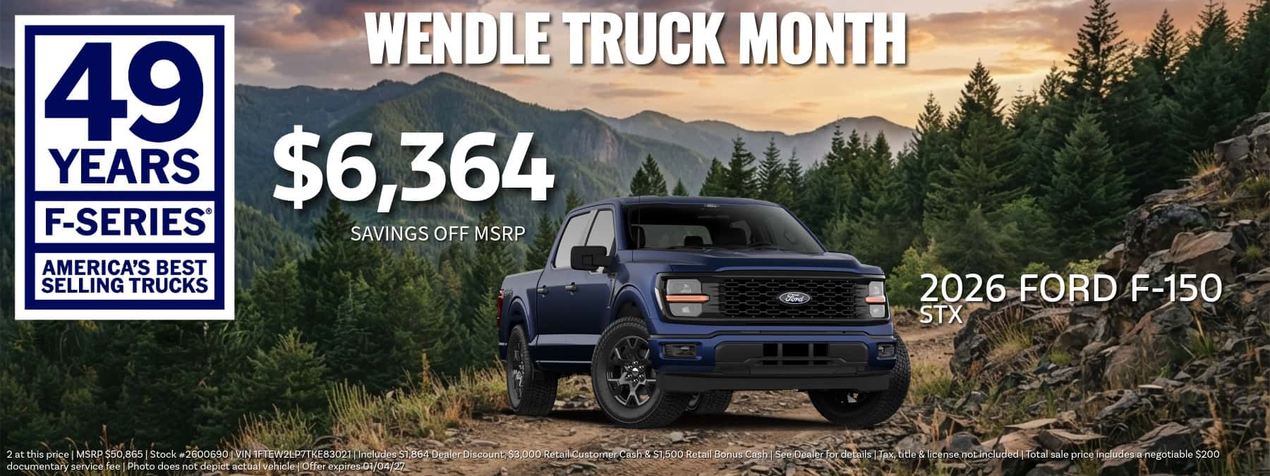 Wendle Truck Month banner featuring a dark blue 2026 Ford F-150 STX in the mountains with $6,364 savings off MSRP.