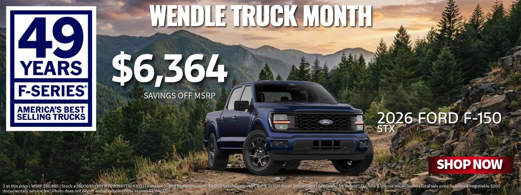 Wendle Truck Month banner featuring a dark blue 2026 Ford F-150 STX in the mountains with $6,364 savings off MSRP.