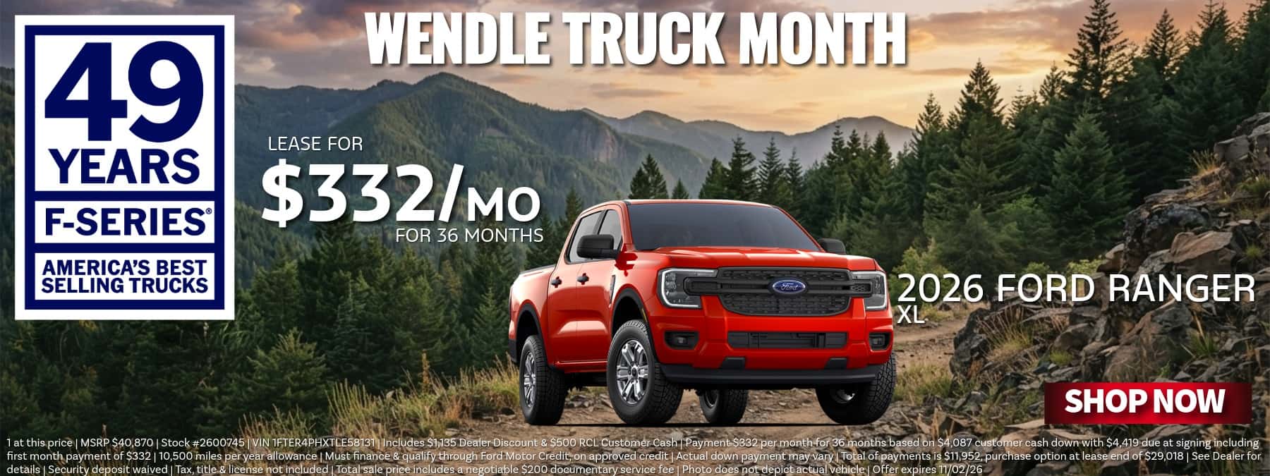 Wendle Truck Month promotional banner featuring a red 2026 Ford Ranger XL with a $332/mo lease for 36 months.