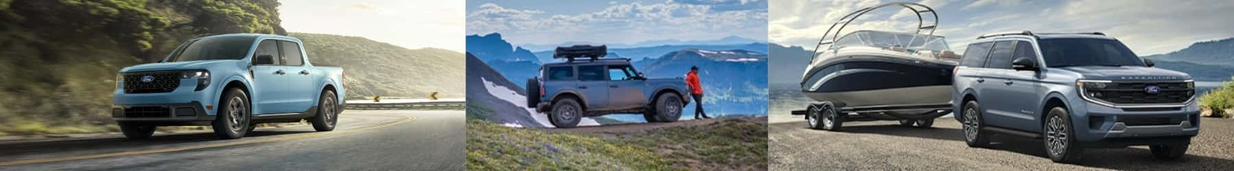 Banner featuring a blue Ford Maverick, a Bronco off-road SUV in the mountains and an Expedition towing a boat.