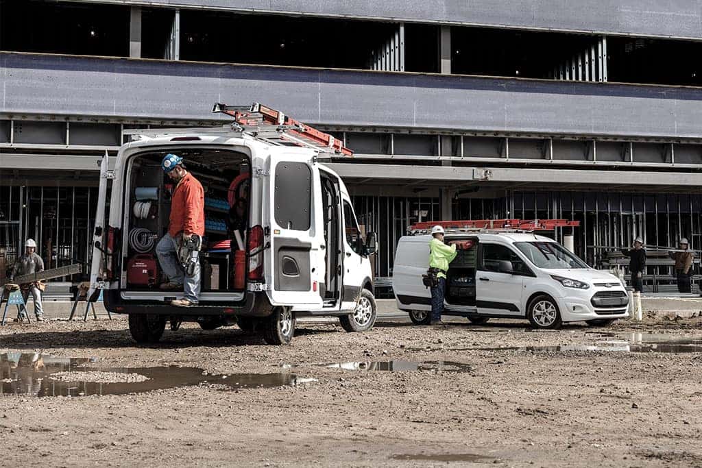 2017 Ford Transit and Transit Connect being used for construction with workers accessing the vehicles