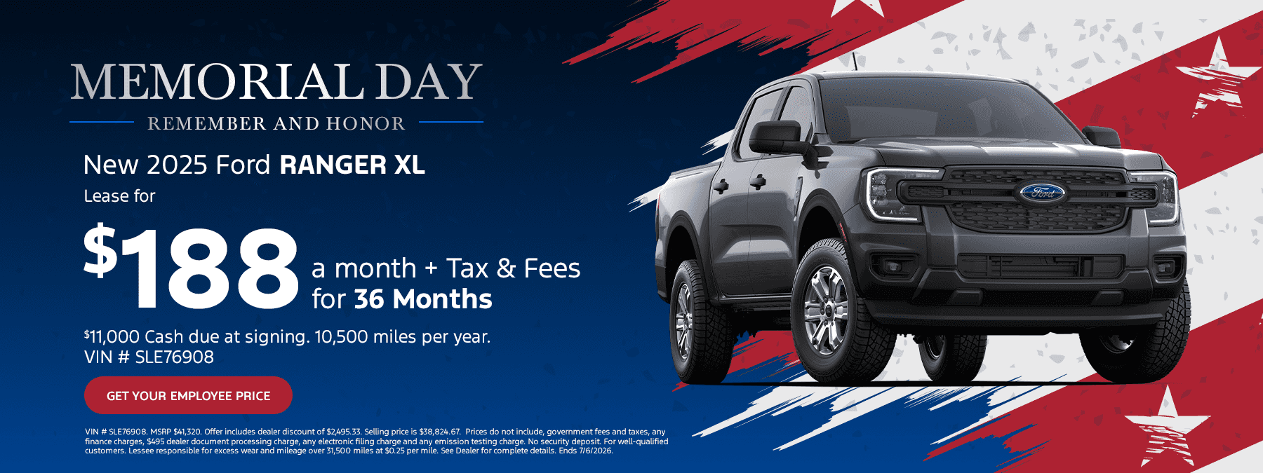 NEW 2025 RANGER XL Lease for $188 a month+ Tax & Fees