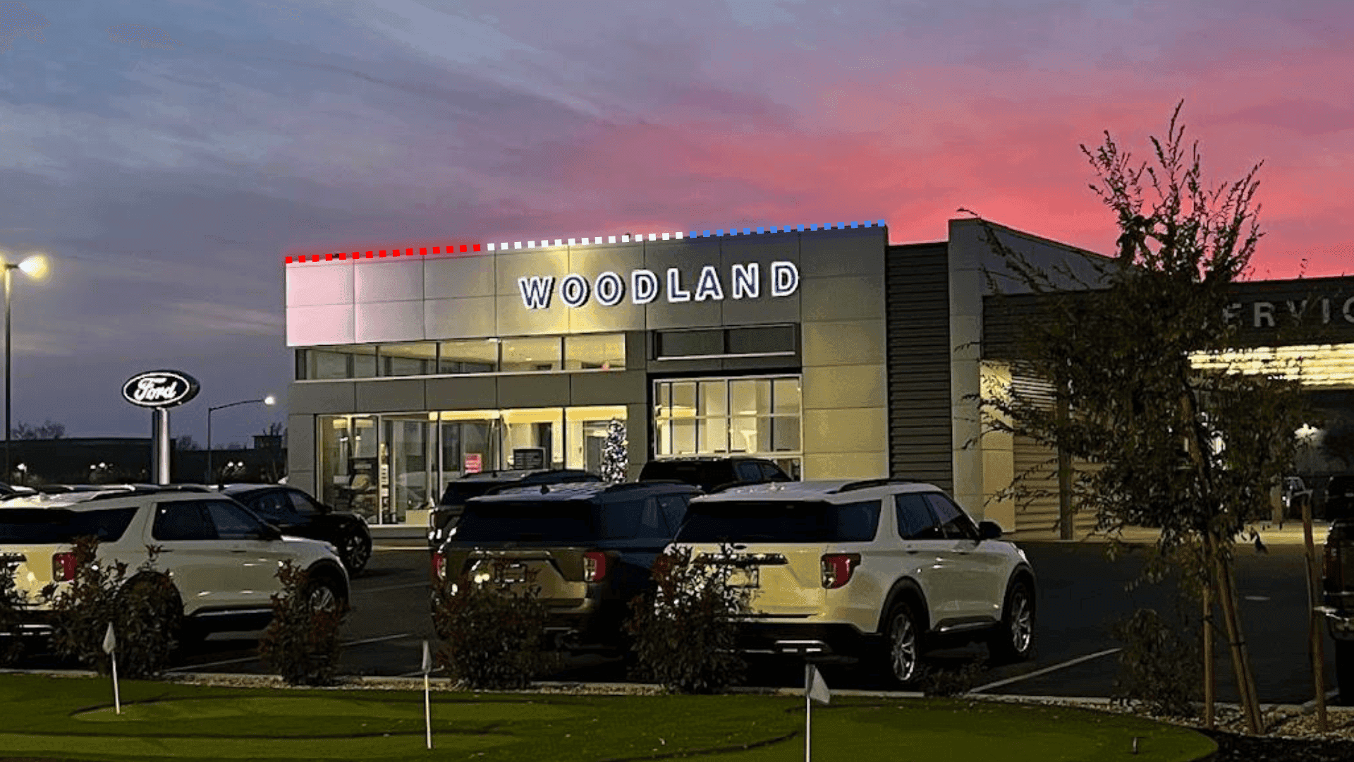 Woodland Ford exterior at night